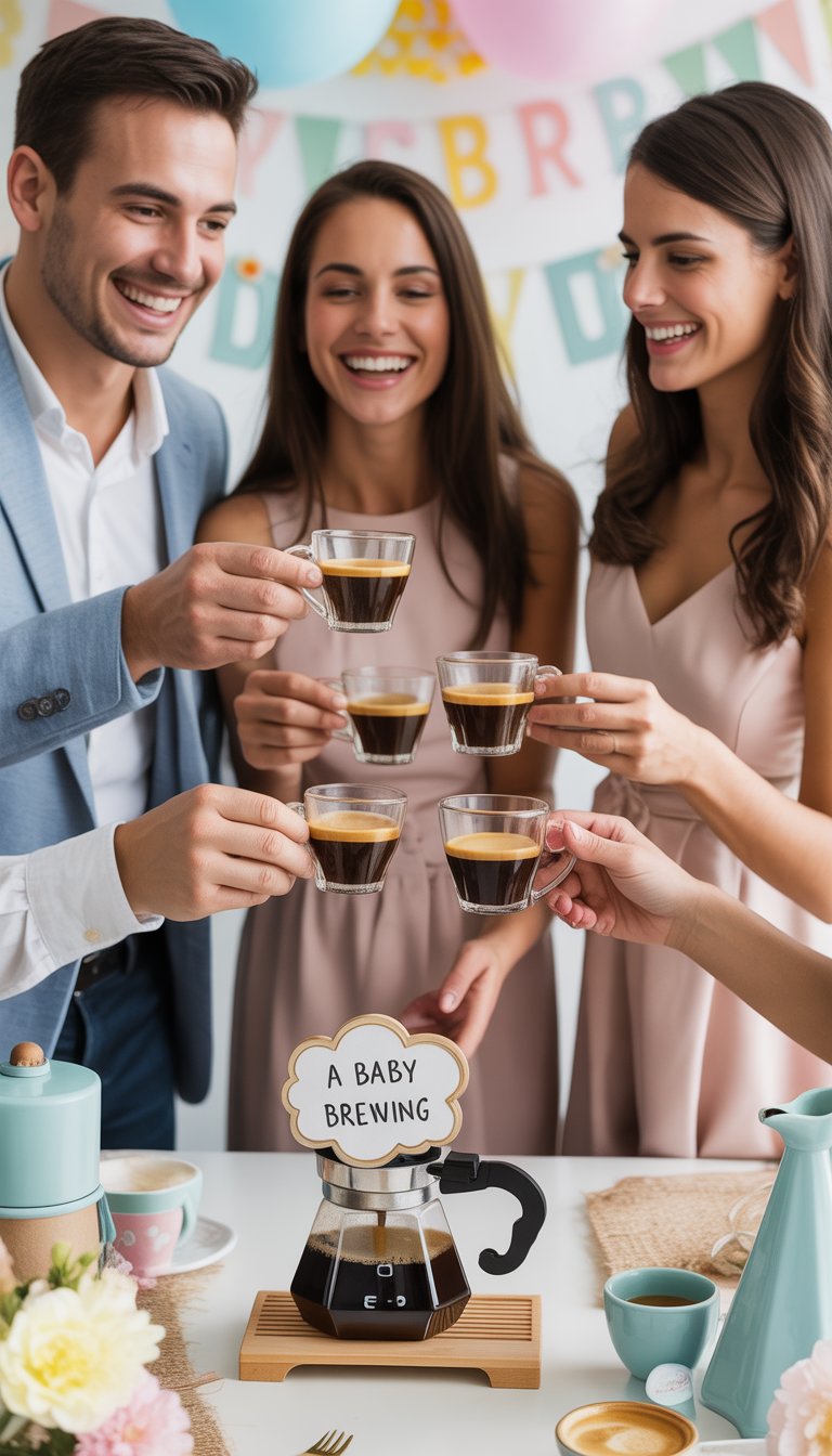 A group of adults enjoying an espresso shot toast at a baby shower with baby-themed decorations and a small espresso machine on the table.