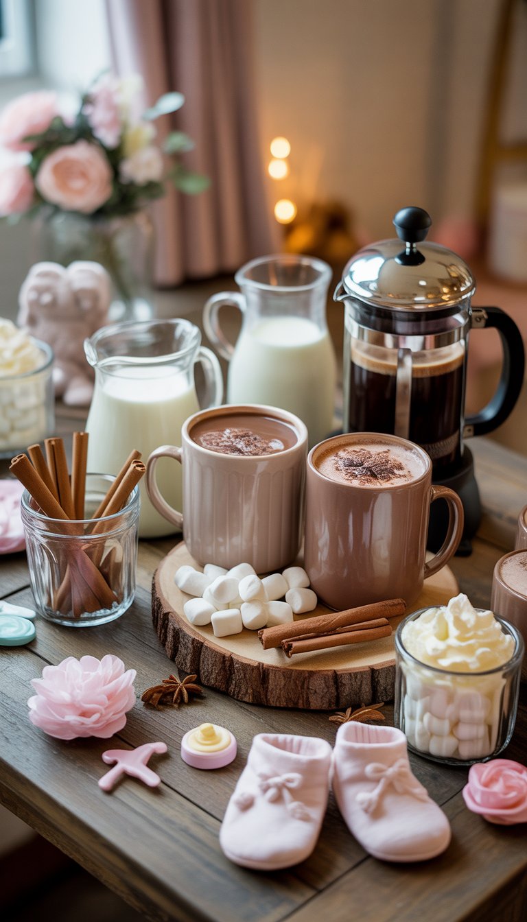 A hot chocolate and mocha drink station decorated with mugs, marshmallows, chocolate shavings, and baby shower decorations on a wooden table.