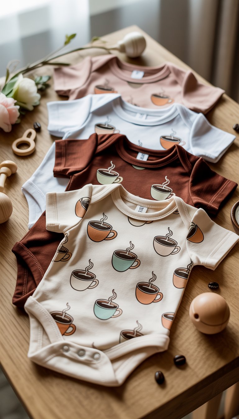 A collection of baby onesies with coffee cup designs arranged on a wooden surface surrounded by baby shower decorations.