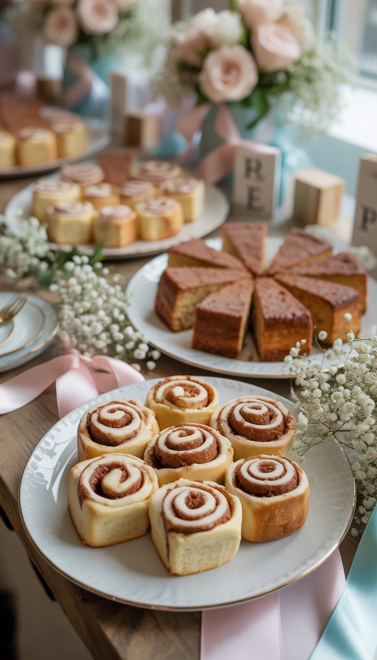 A dessert table with mini cinnamon rolls and coffee cake decorated with pastel flowers and baby shower decorations.
