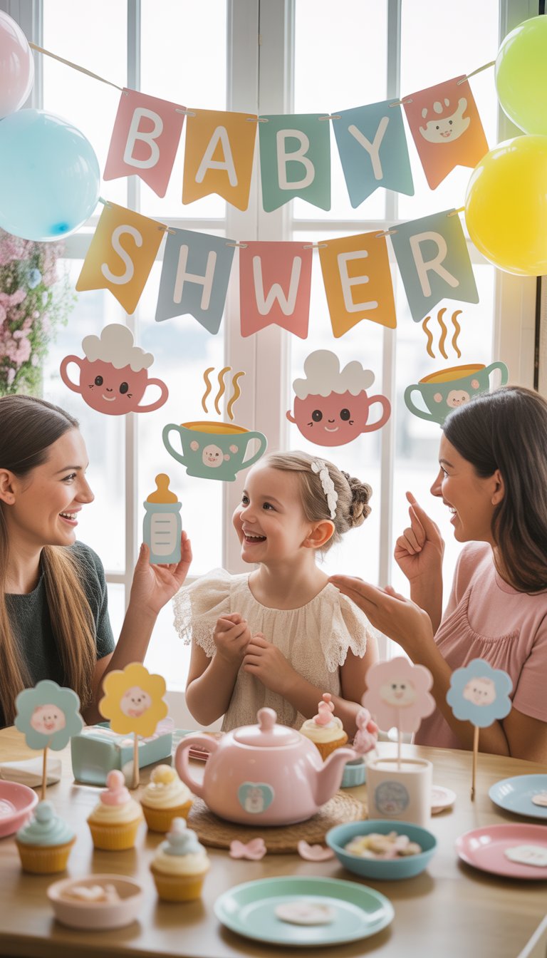 A decorated baby shower room with pastel banners, balloons, floral arrangements, and a table set with cupcakes and party favors.