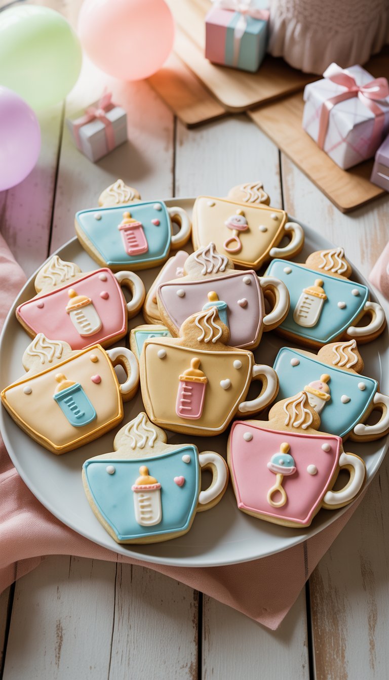 A plate of coffee cup shaped sugar cookies decorated with pastel baby-themed icing, arranged on a wooden table with soft baby shower decorations in the background.