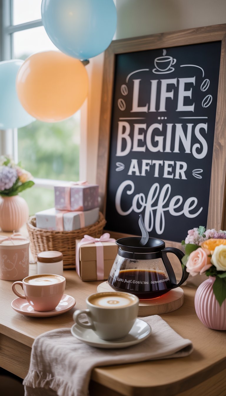 A cozy coffee nook decorated for a baby shower with coffee cups, pastel balloons, flowers, and gift boxes on a wooden table.