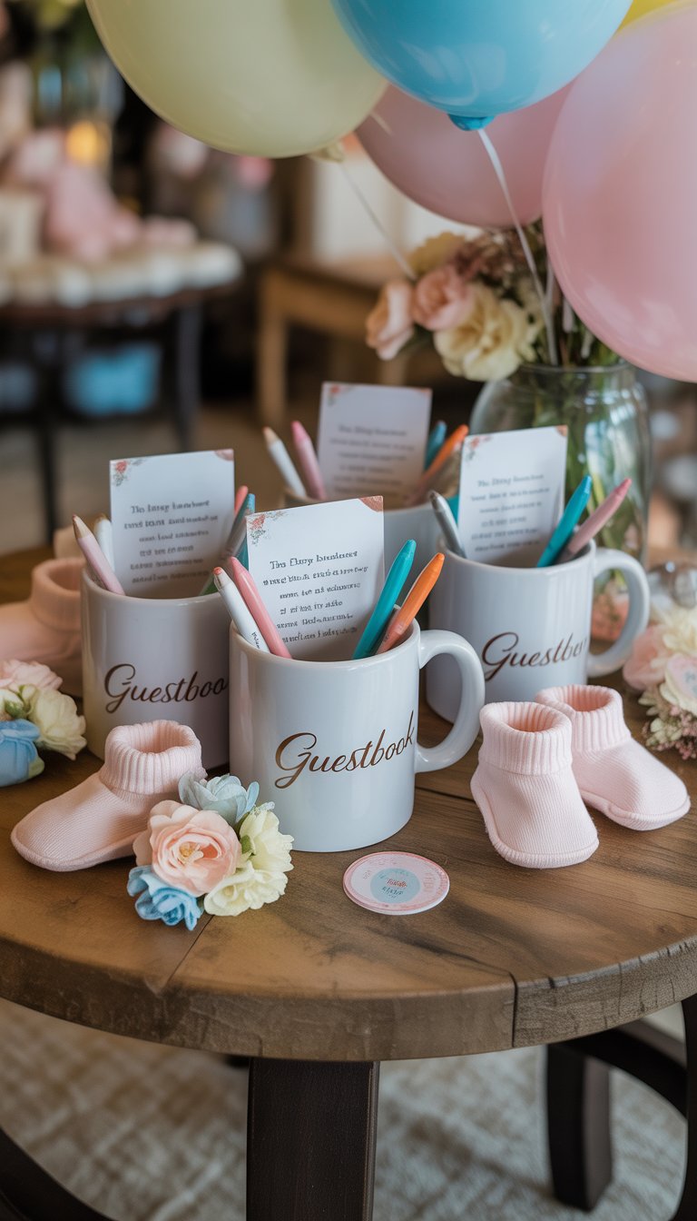 A table set with white coffee mugs, colorful pens, and baby shower decorations including balloons, baby booties, and flowers.