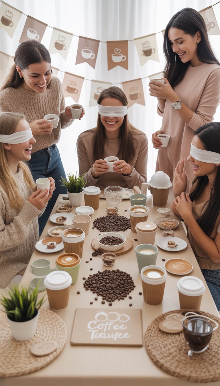 Guests at a baby shower playing a coffee tasting blindfold game around a decorated table with coffee cups and baby-themed decorations.