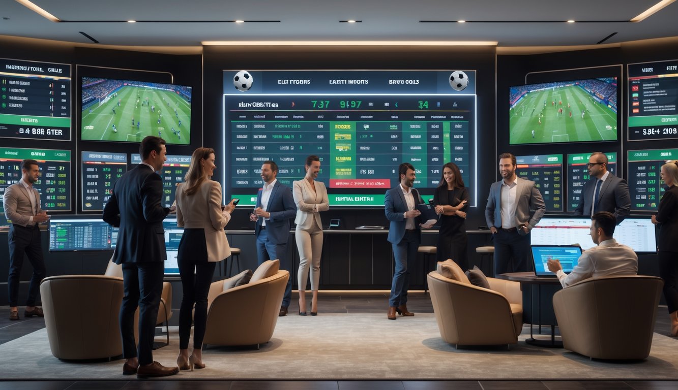 Beberapa orang sedang melihat layar besar yang menampilkan statistik dan peluang taruhan sepak bola dalam sebuah ruang taruhan modern.