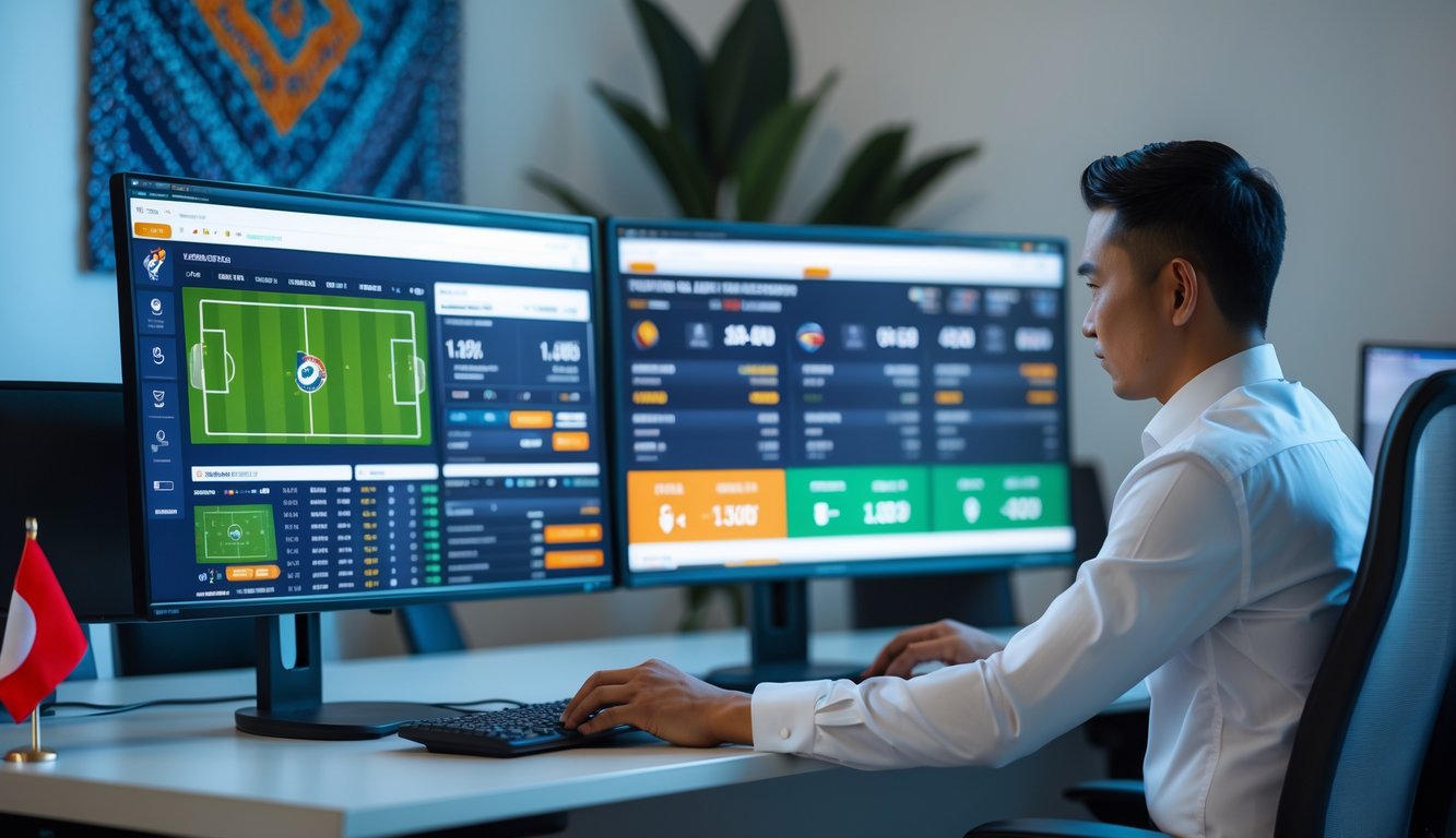 Seorang pria Indonesia duduk di depan komputer dengan layar menampilkan pertandingan sepak bola dan data taruhan dalam ruang kantor yang rapi.