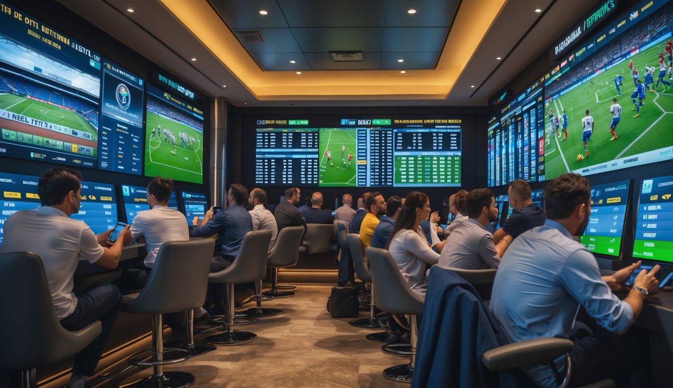 Sejumlah orang sedang menonton pertandingan sepak bola langsung di layar besar dan menggunakan perangkat elektronik untuk bertaruh dalam sebuah ruang taruhan olahraga modern.