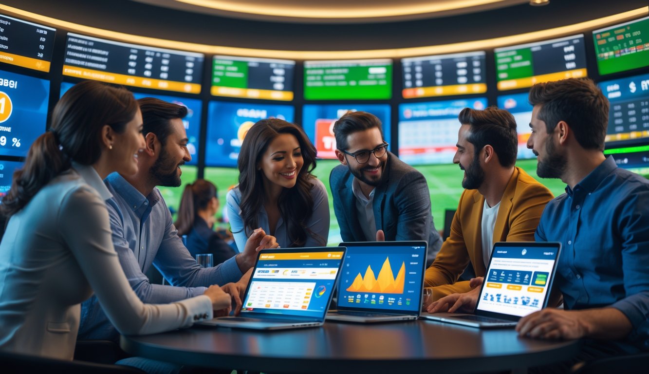 Beberapa orang sedang berdiskusi di ruangan dengan layar besar yang menampilkan statistik dan skor pertandingan sepak bola.