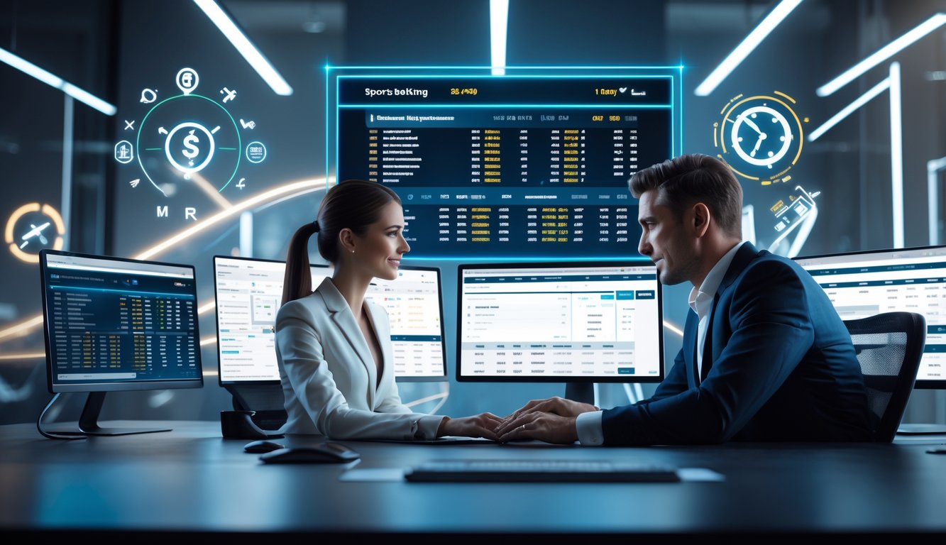 Seorang pria dan wanita bekerja bersama di kantor modern dengan layar komputer yang menampilkan data taruhan olahraga dan konfirmasi pembayaran cepat.