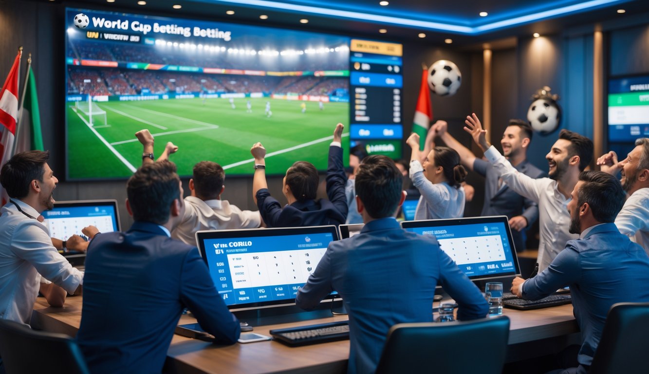 Sekelompok orang menikmati taruhan sepak bola Piala Dunia di ruang taruhan modern dengan layar besar menampilkan pertandingan sepak bola.