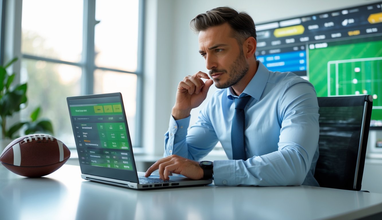 Seorang pria duduk di meja kerja dengan laptop yang menampilkan situs taruhan bola, di sekitarnya ada bola sepak dan layar besar dengan statistik pertandingan.