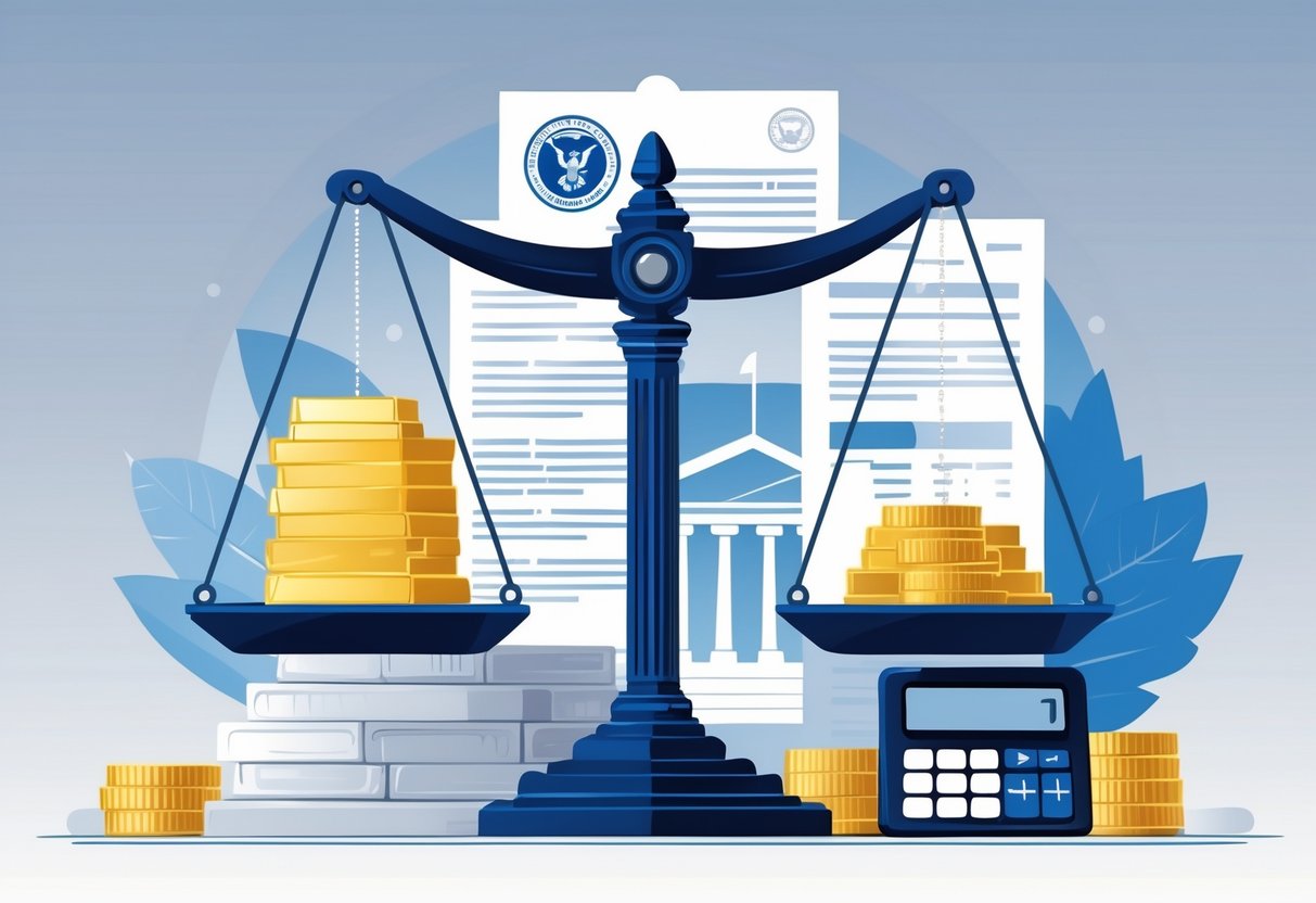 A balanced scale with gold bars and silver coins on one side and IRS documents and a calculator on the other, with the U.S. Capitol building and IRS emblem faintly visible in the background.