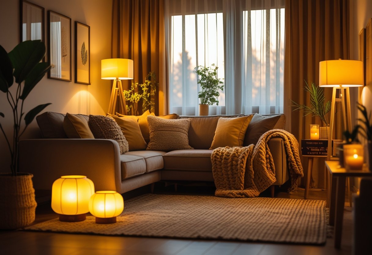 A cozy living room with warm lighting, a sofa with pillows and a blanket, lamps, plants, and soft natural light coming through curtains.