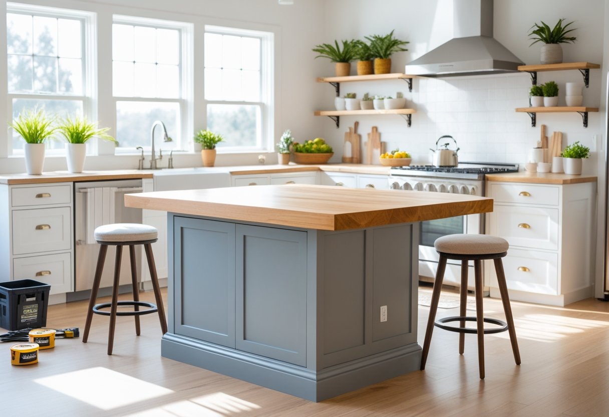 A modern kitchen with a newly renovated kitchen island in the center, surrounded by bar stools and filled with natural light.