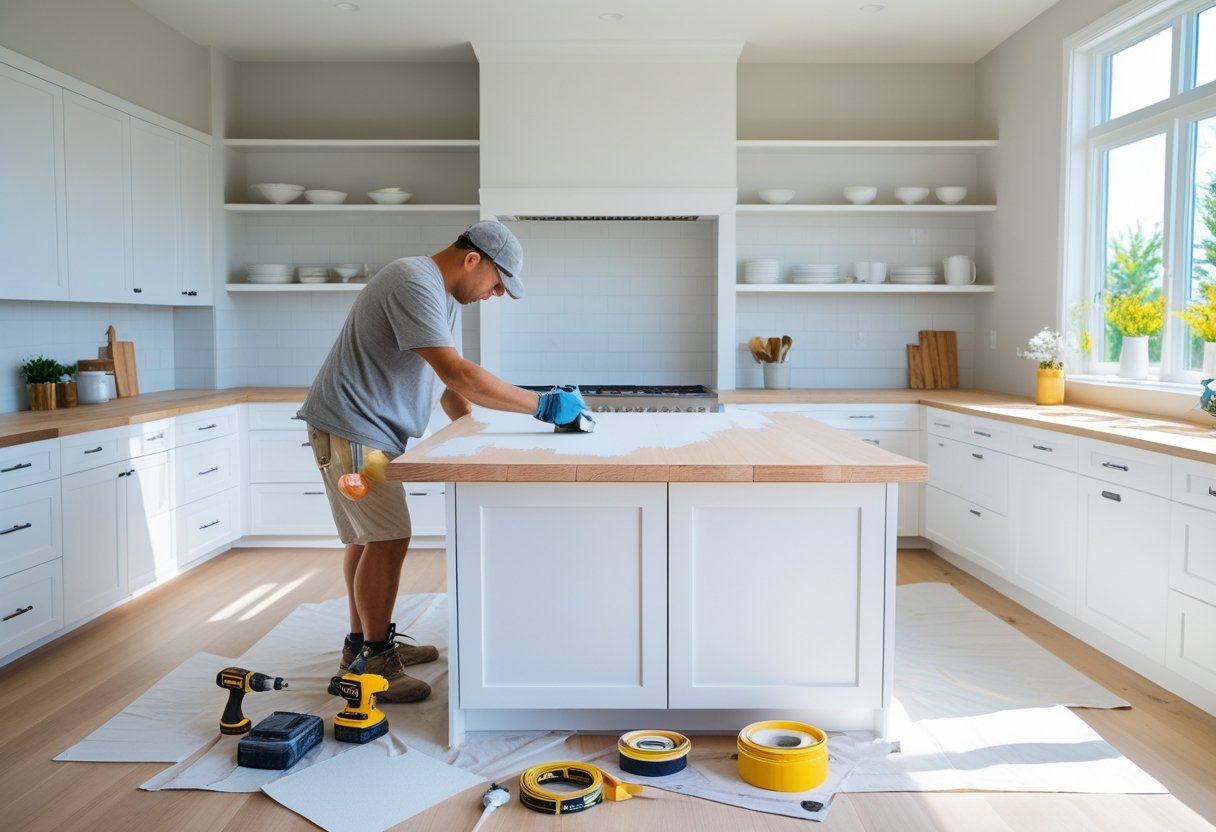 A person working on a kitchen island makeover surrounded by tools and materials in a bright kitchen.