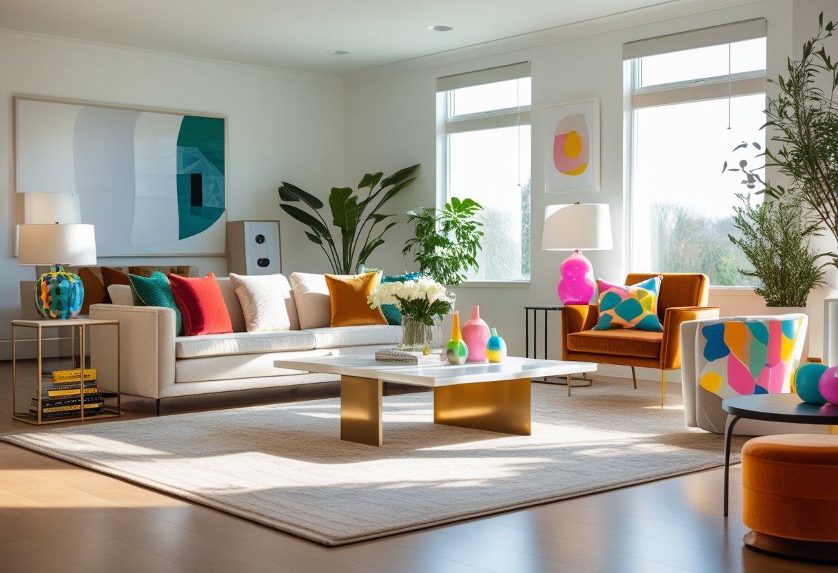 A modern living room with a sofa, coffee table, decorative items, wall art, and plants arranged in a balanced and inviting way.