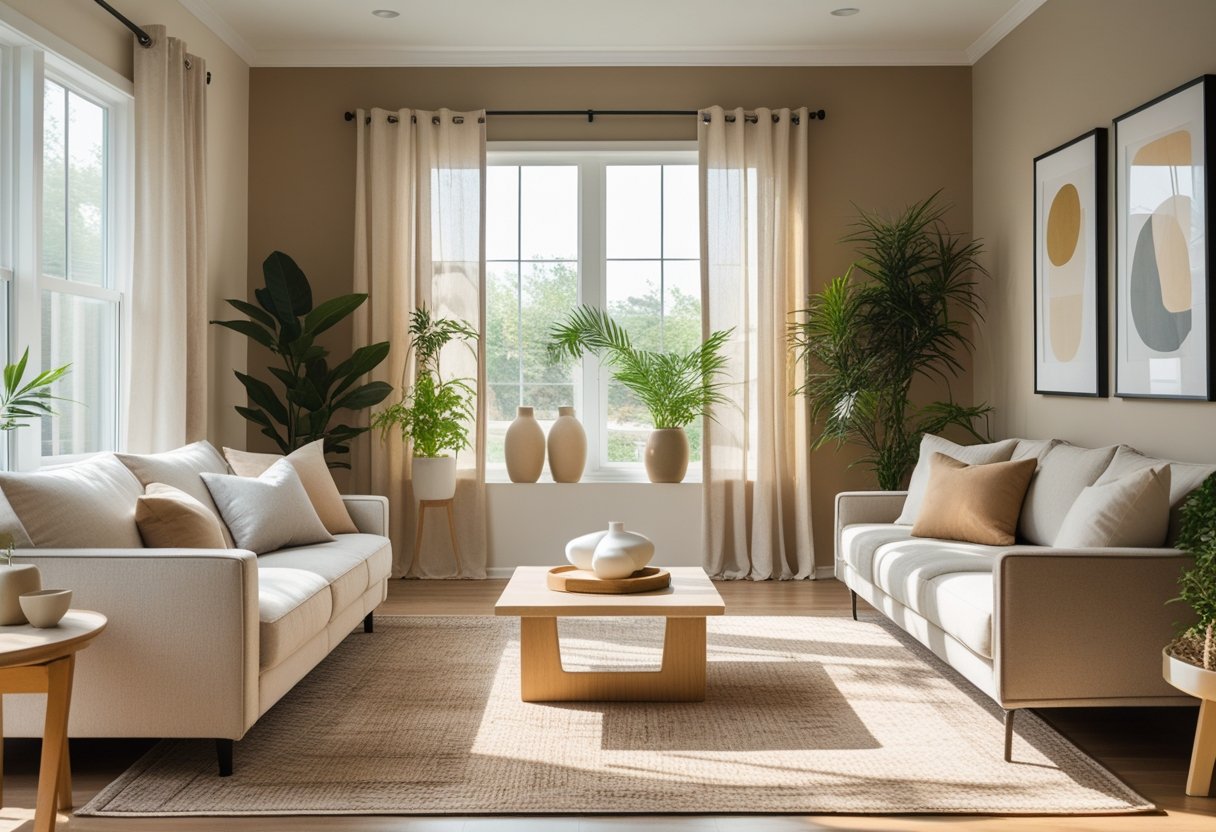 A cozy living room with neutral-colored walls, a sofa, coffee table, indoor plants, and natural light coming through large windows.