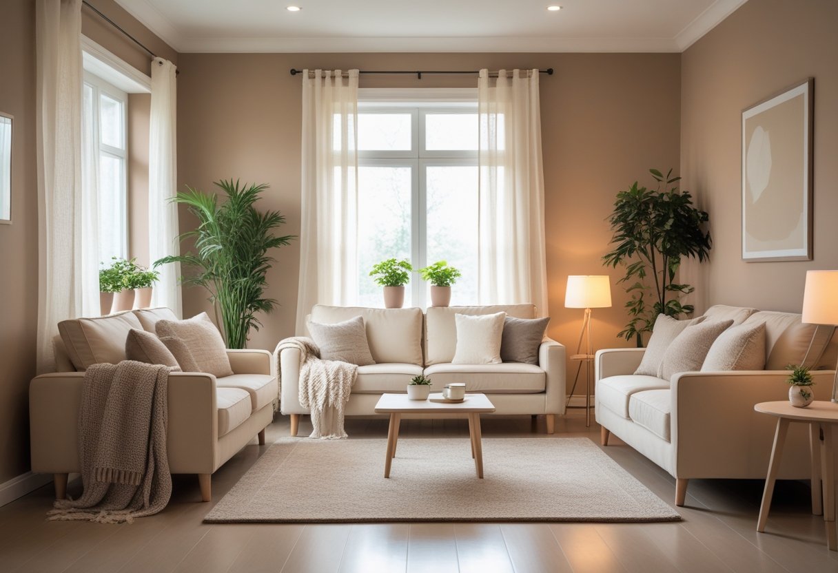 A cozy living room with neutral-colored walls, soft sofas, wooden furniture, plants, and warm natural light.