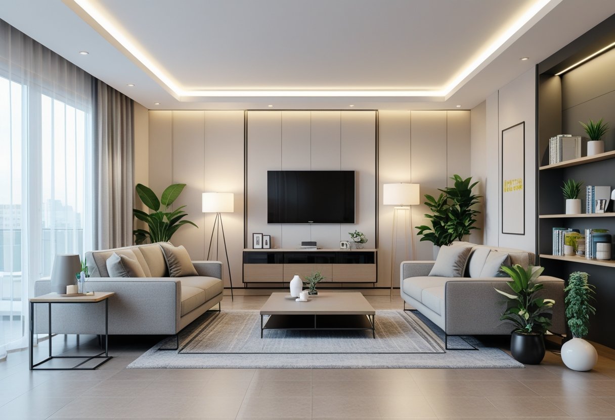 A bright and tidy living room with a sofa, coffee table, TV, plants, and bookshelf arranged in a balanced layout.