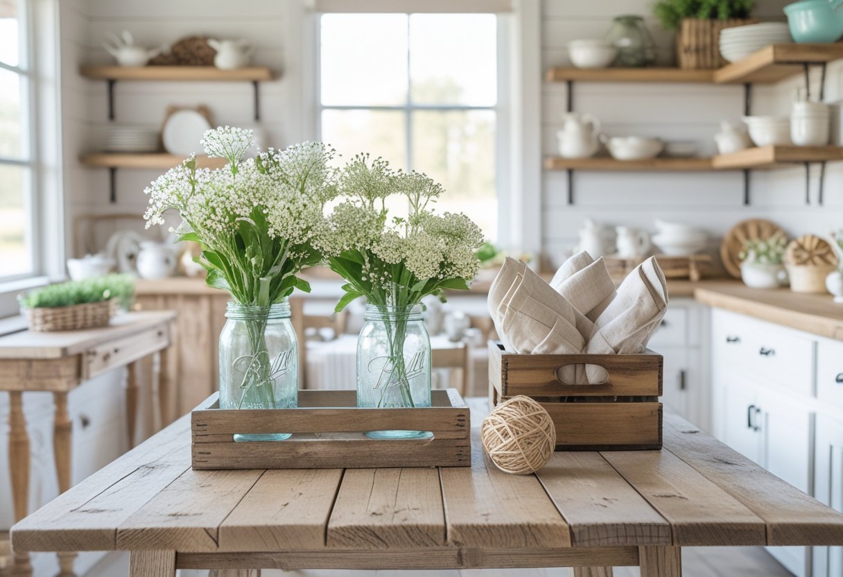 A farmhouse kitchen table with handmade mason jar flower vases, a wooden crate with folded napkins, and a basket of twine balls near a window.