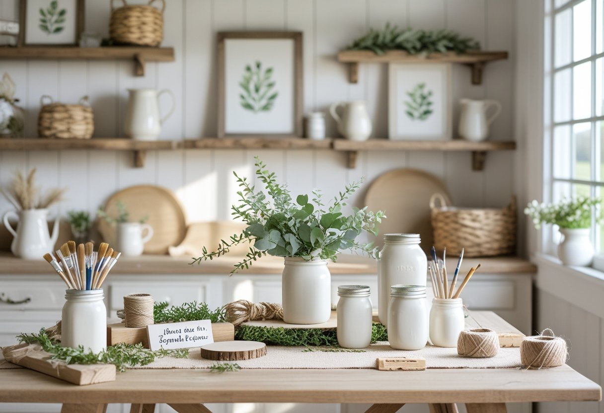 A well-lit workspace with wooden table, crafting supplies, and finished home decor items arranged on shelves.