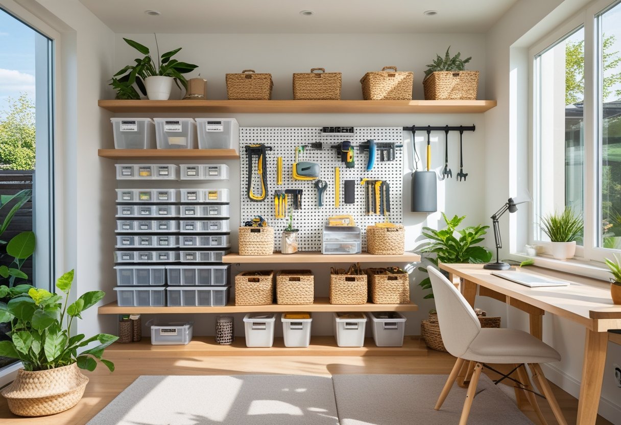 A clean and organized living room with shelves, storage bins, baskets, and a desk featuring various DIY home organization solutions.