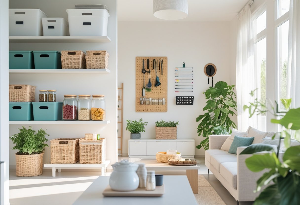 A tidy and bright living room and kitchen area with organized shelves, storage bins, jars, and a wall-mounted organizer near the entrance.