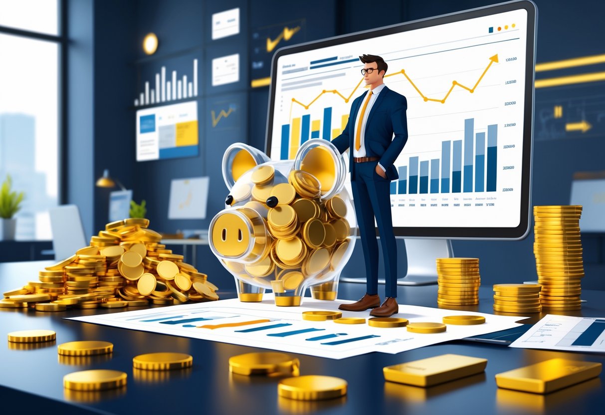 A businessperson in an office with gold bars, coins, financial documents, and upward-trending charts symbolizing gold investment and financial growth.