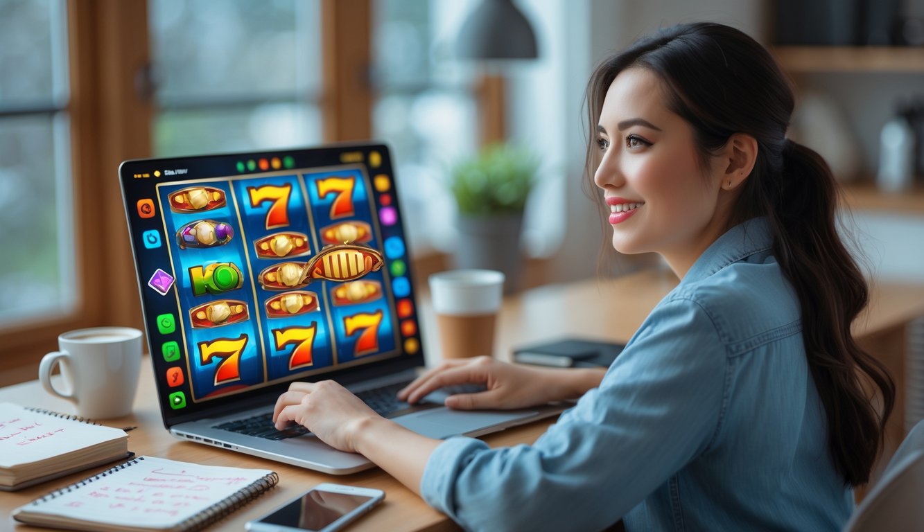 Seorang wanita muda duduk di meja dengan laptop yang menampilkan permainan slot online, tampak fokus dan antusias.
