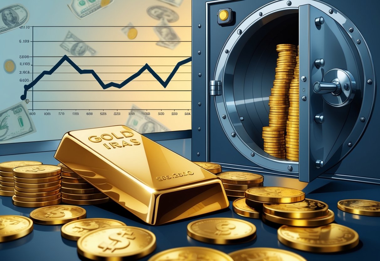 A gold bar in front of a rising line graph with currency symbols and a vault door showing stacks of gold coins inside.
