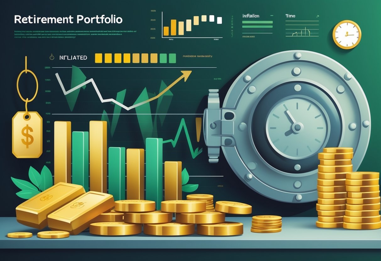 An illustration showing gold bars, coins, and financial charts representing retirement portfolios, with symbols of rising inflation and a secure vault containing gold assets.