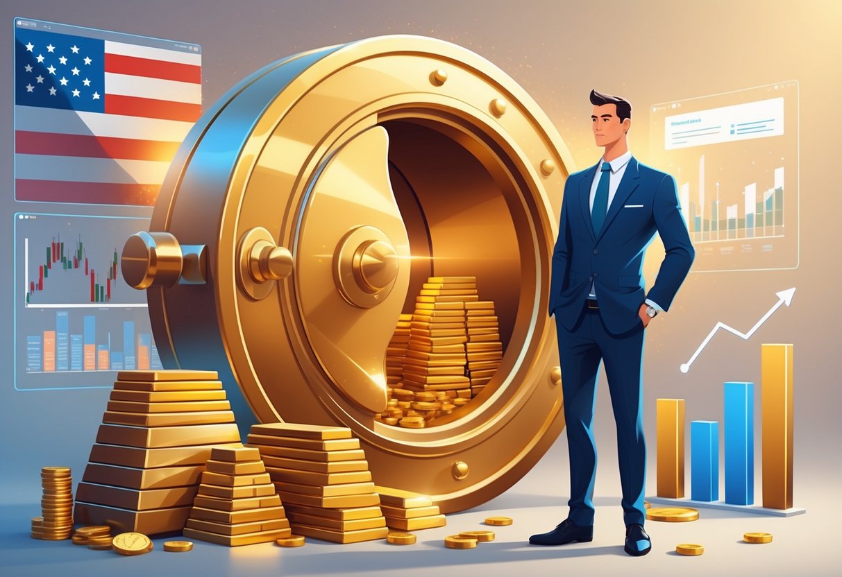 A businessperson stands next to an open golden vault filled with gold bars and coins, with Swiss and American flags in the background and financial charts floating nearby.