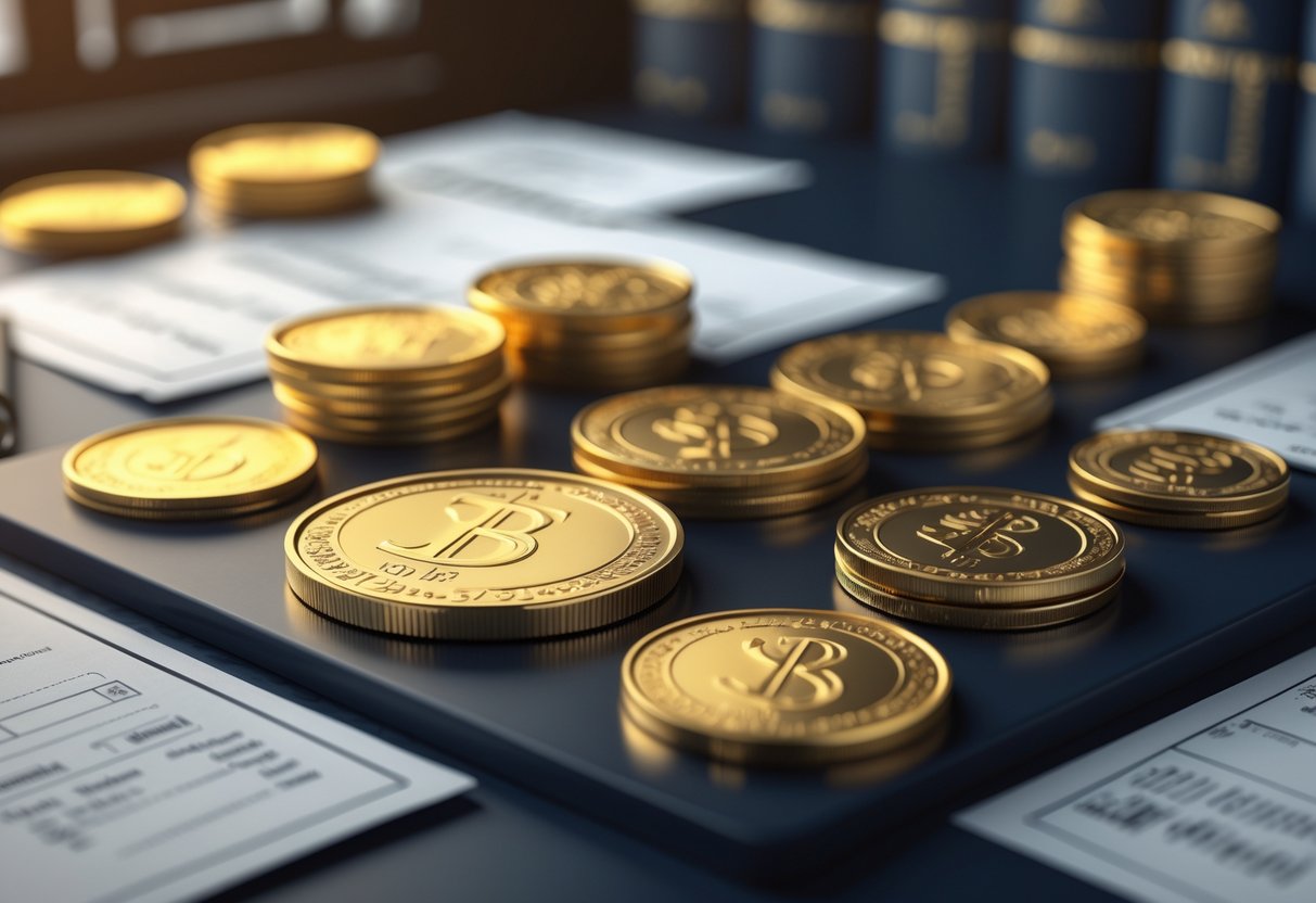 A collection of gold coins displayed on a dark surface with official documents blurred in the background, representing IRS-approved gold coins for retirement accounts.