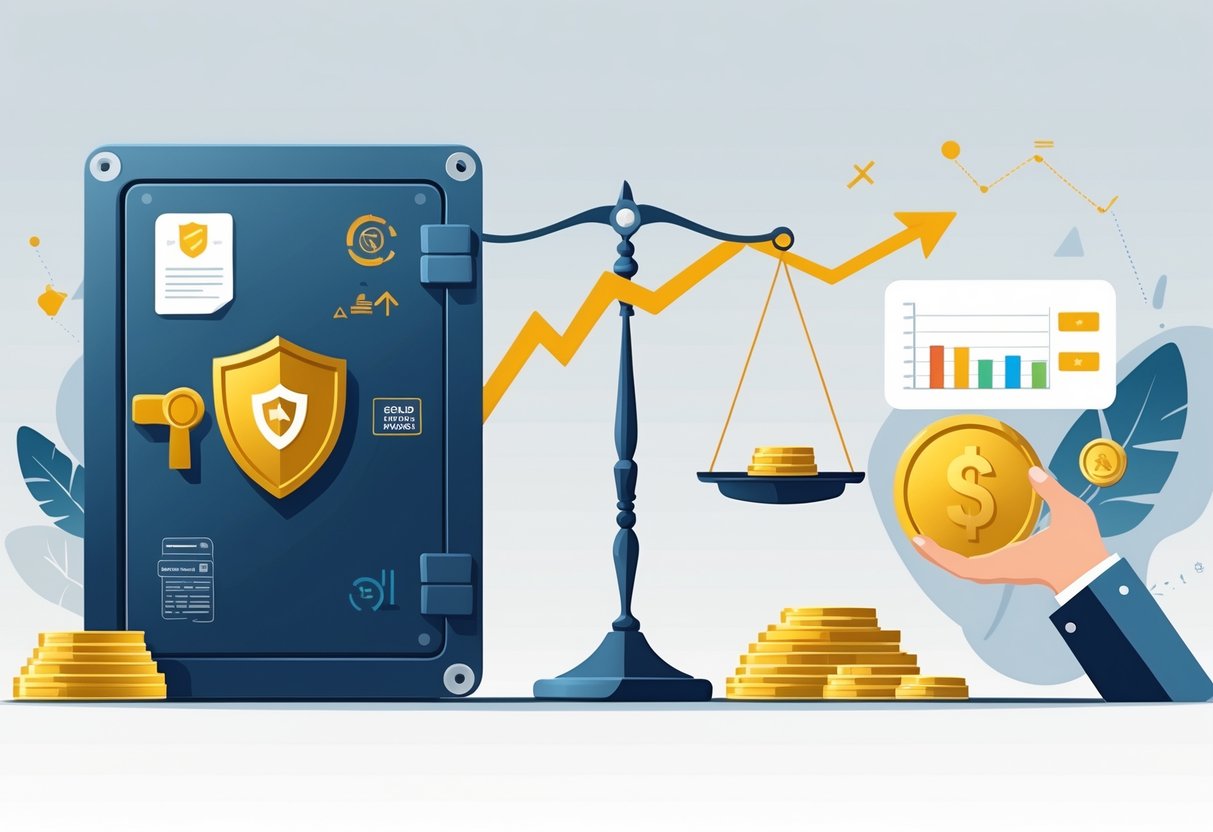 An illustration showing a digital vault with financial icons on one side and physical gold bars and coins on the other, separated by a balanced scale symbolizing comparison.