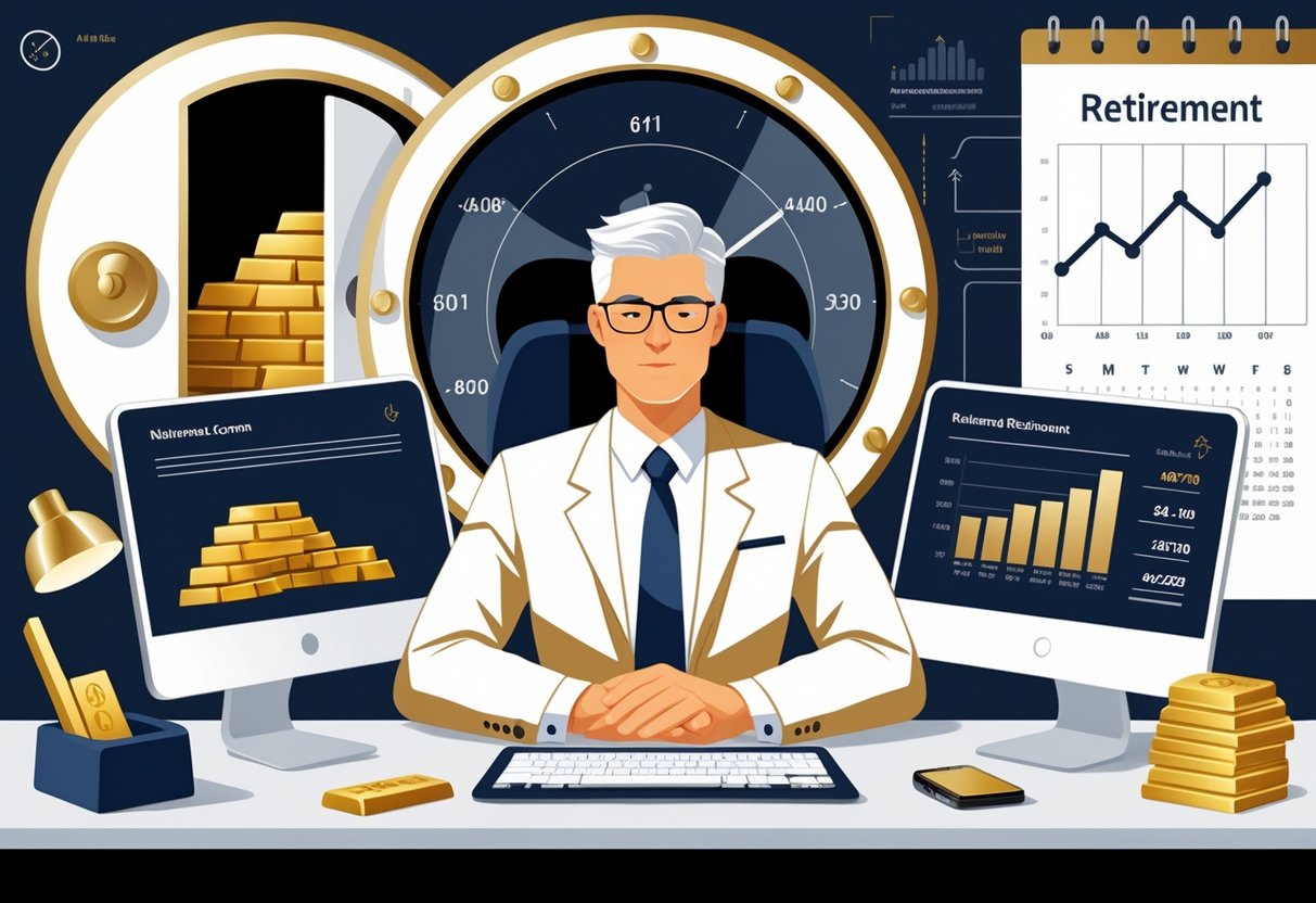 A financial advisor in an office with gold bars, charts, and documents representing retirement account management and security.
