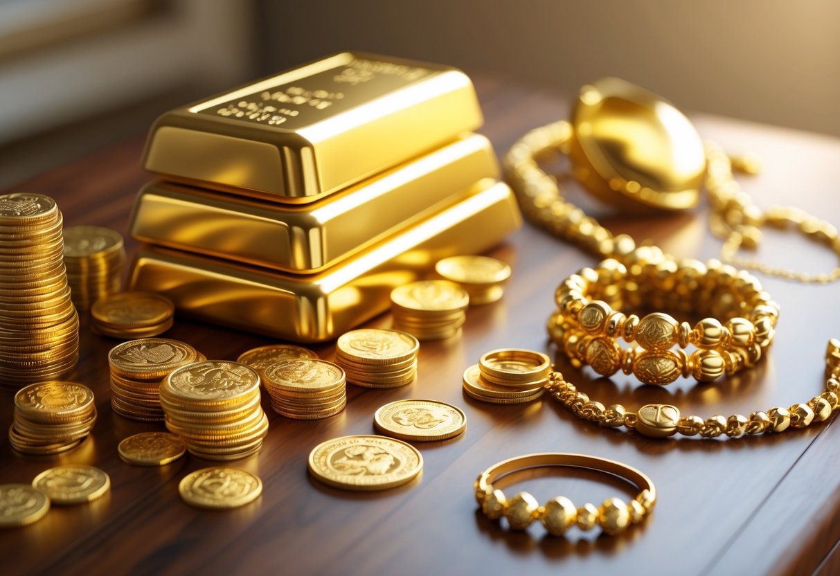 An arrangement of gold bars, gold coins, and gold jewelry displayed on a wooden surface.