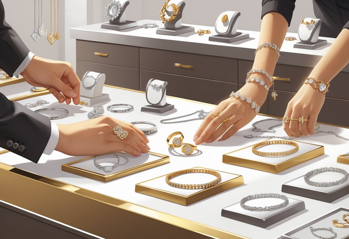 Hands examining silver and gold jewelry on a store counter with jewelry displays and weighing scale in the background.