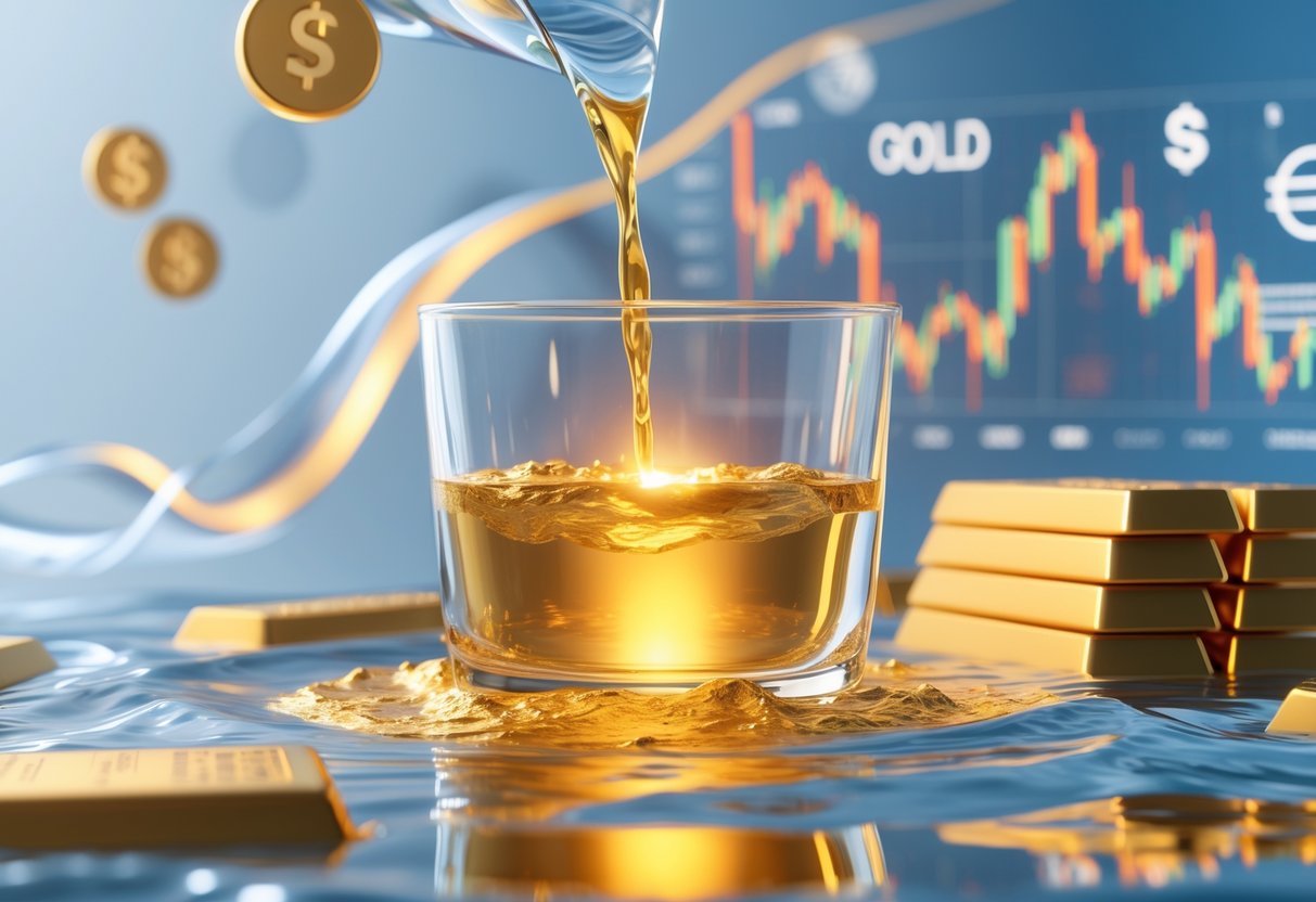 A glass container filled with molten gold surrounded by flowing water and financial symbols, with gold bars stacked nearby.