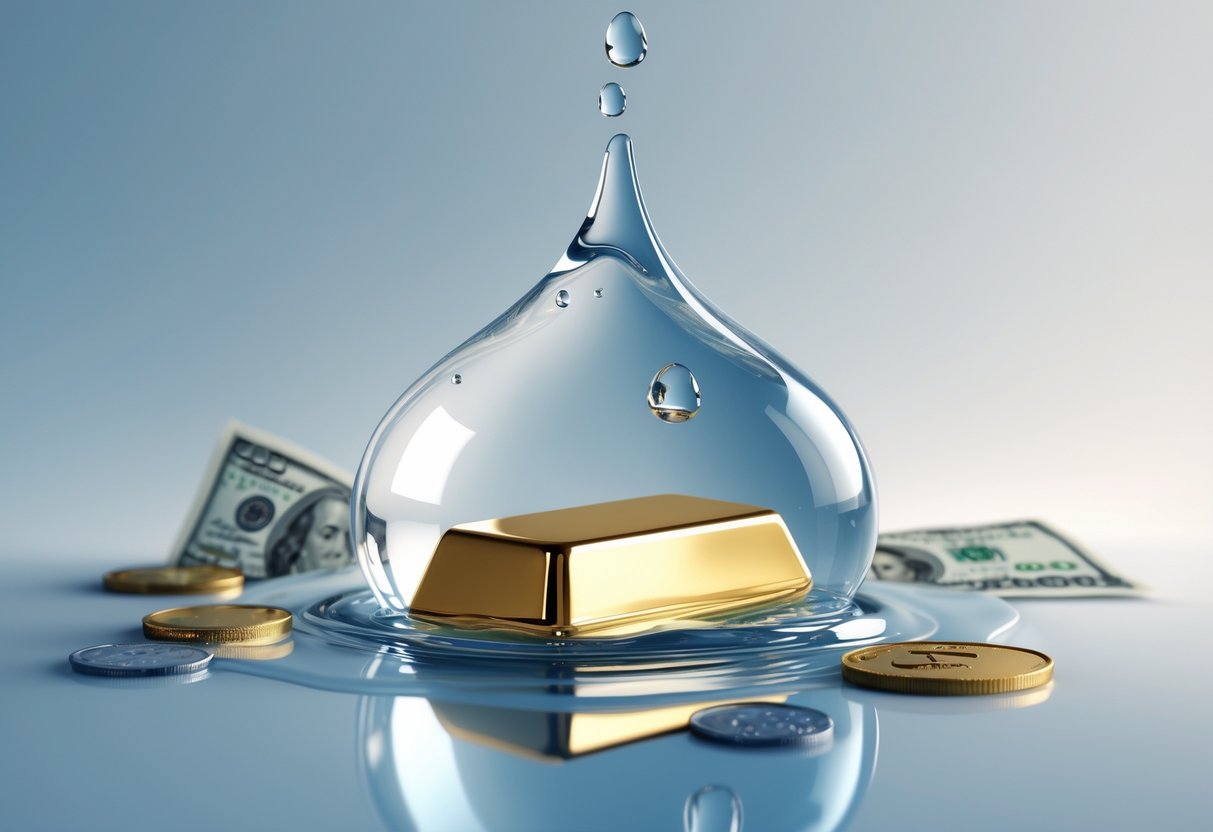 A gold bar surrounded by cash and coins inside a clear water droplet on a reflective surface.