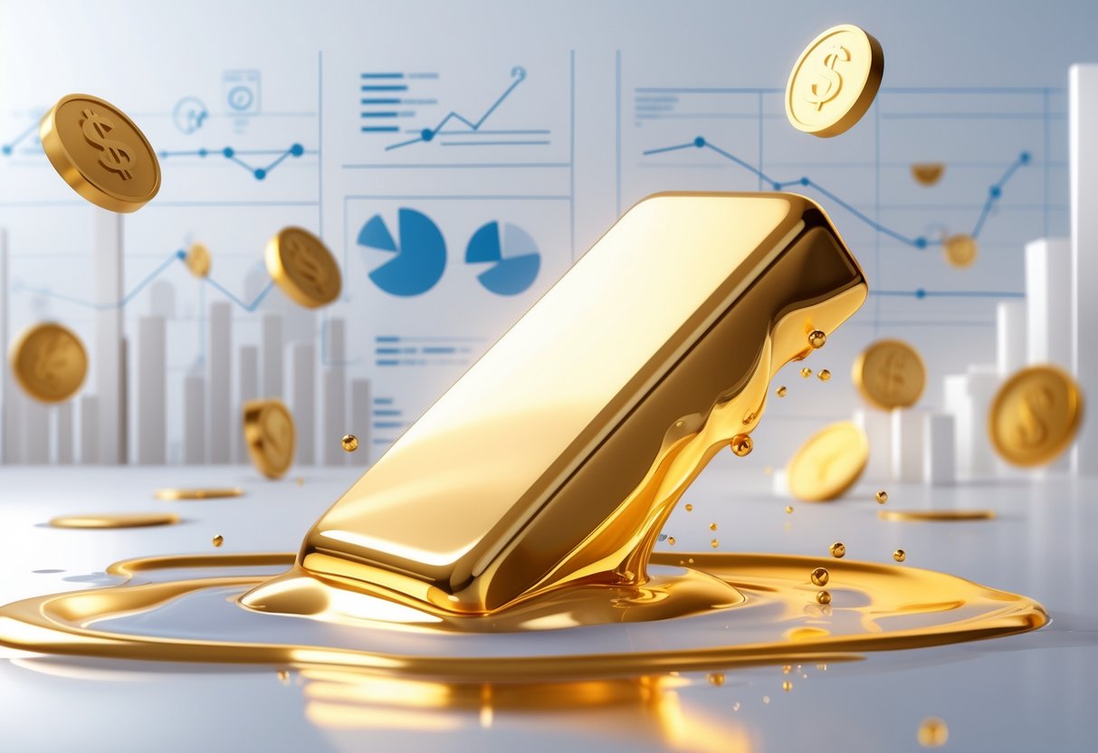 A gold bar melting into liquid gold with financial symbols and charts in the background representing gold as a liquid asset.