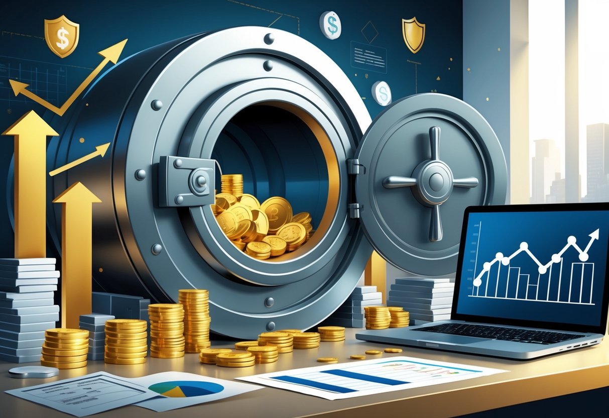 A secure vault open to reveal gold and silver coins and bars, surrounded by financial growth symbols like upward graphs and a shield, set in a modern office with financial documents and a laptop.