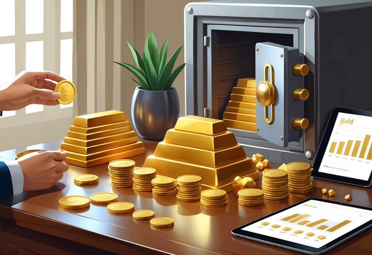 A table displaying gold bars, coins, and nuggets with a hand holding a coin, a safe with gold inside, and a tablet showing a gold investment chart.