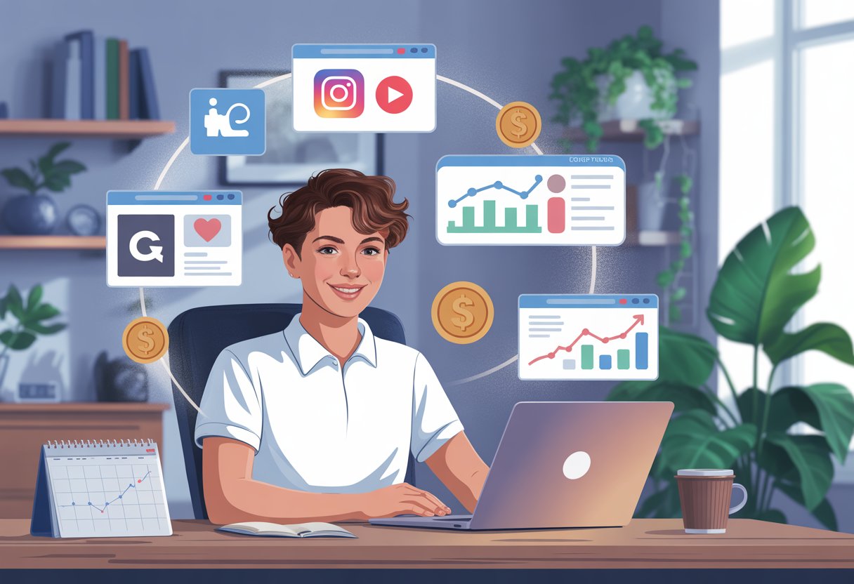 A person working at a desk with a laptop surrounded by icons representing online growth and earnings in a bright home office.