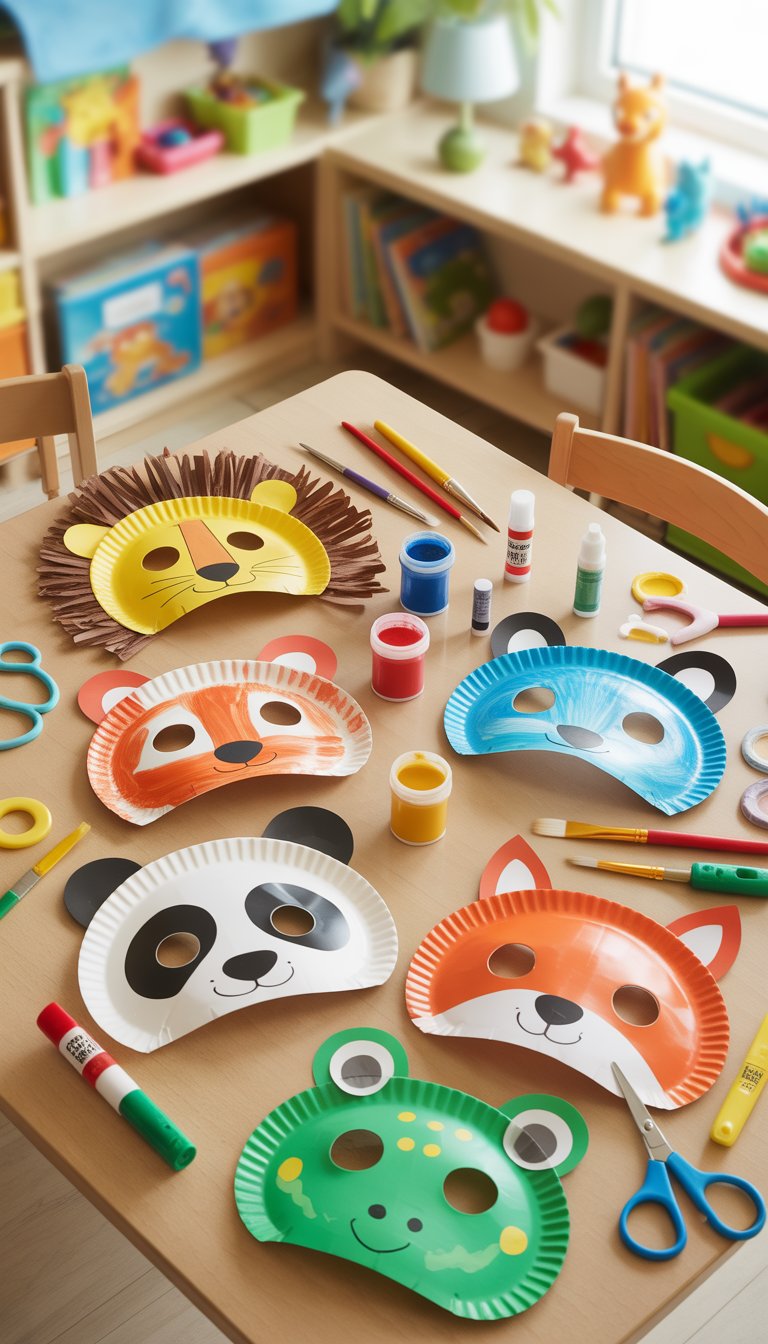 A table with colorful paper plate animal masks and craft supplies in a preschool classroom.