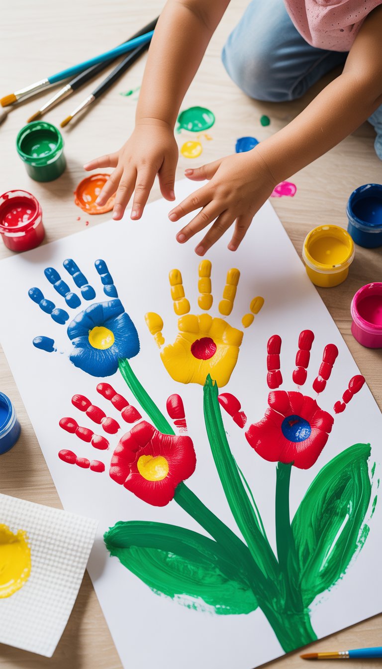 Colorful handprint flowers made by preschoolers with paint supplies on a white surface.