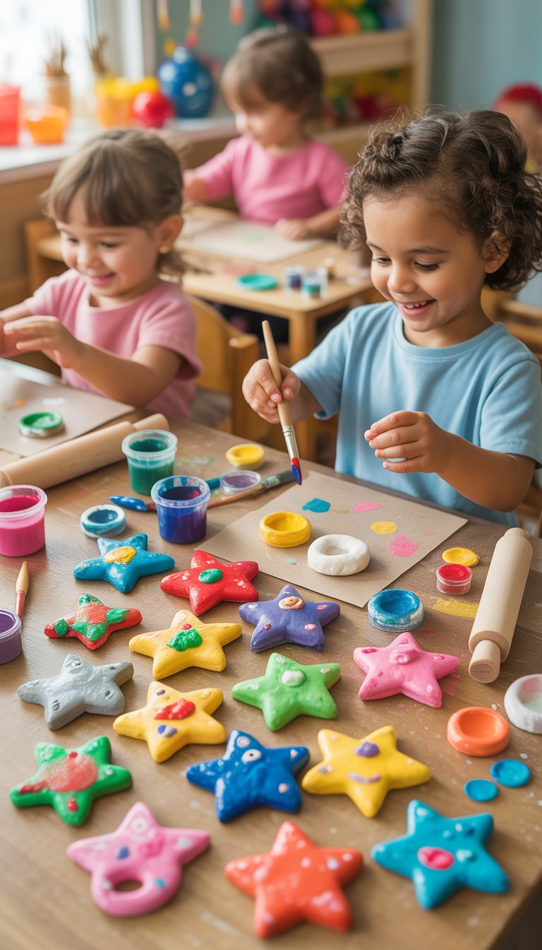 A table filled with colorful salt dough ornaments and crafting supplies, with young children making crafts in the background.