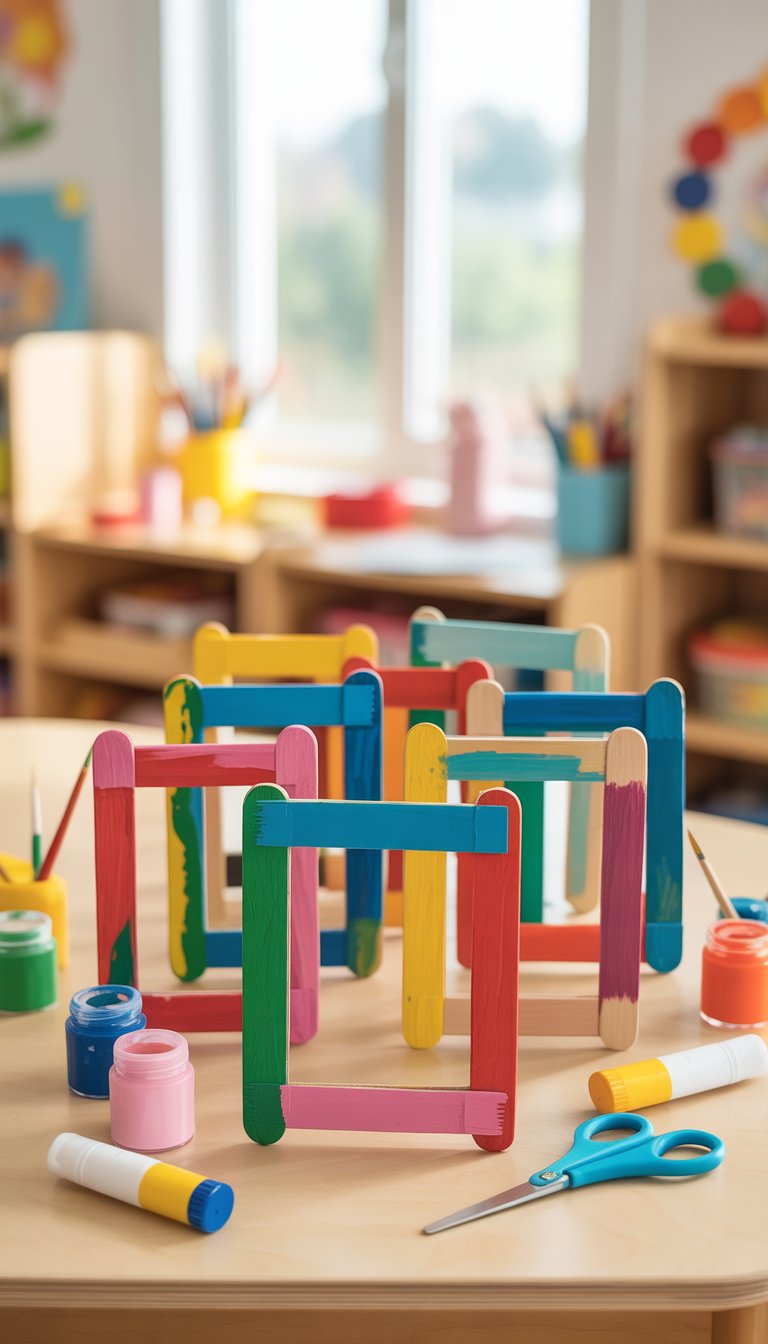 Colorful handmade popsicle stick picture frames on a wooden table with craft supplies and a bright classroom background.