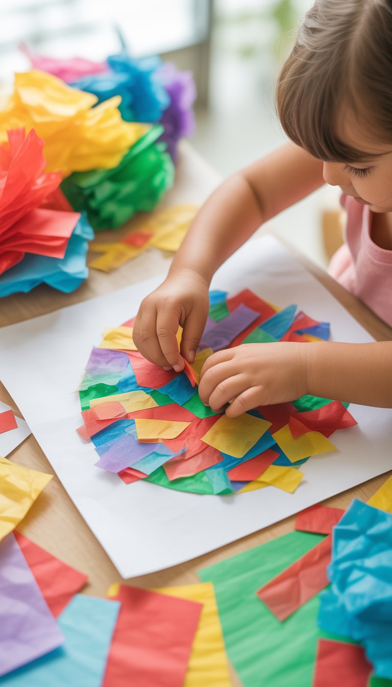 Child’s hands creating a colorful tissue paper collage with torn pieces of tissue paper on a white sheet.