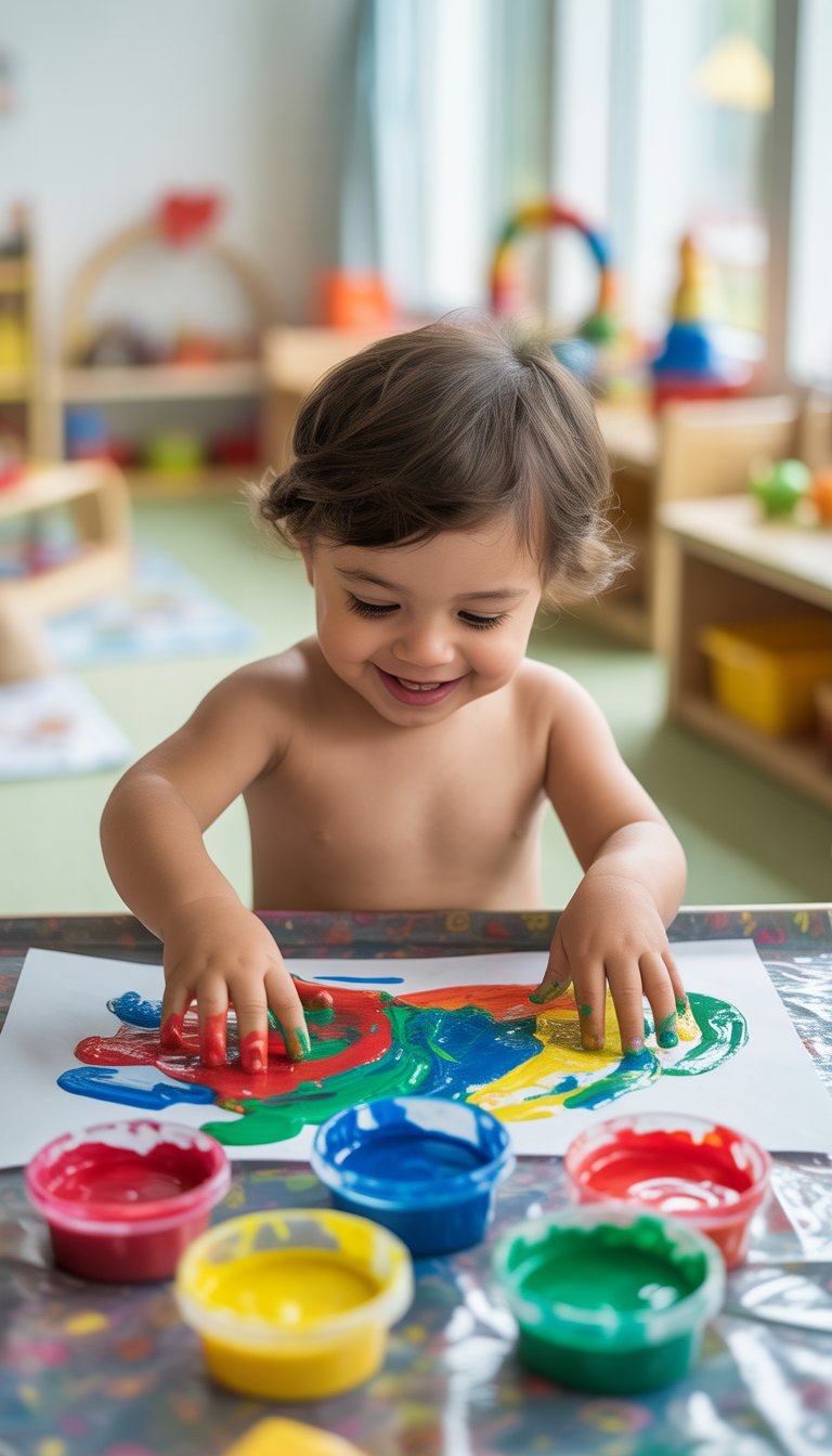 A young child finger painting with colorful edible paints on white paper at a low table in a bright classroom.